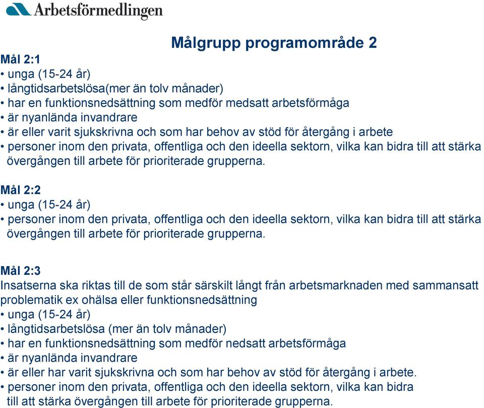 grupperna. Mål 2:2 unga (15-24 år) personer inom den privata, offentliga och den ideella sektorn, vilka kan bidra till att stärka övergången till arbete för prioriterade grupperna.