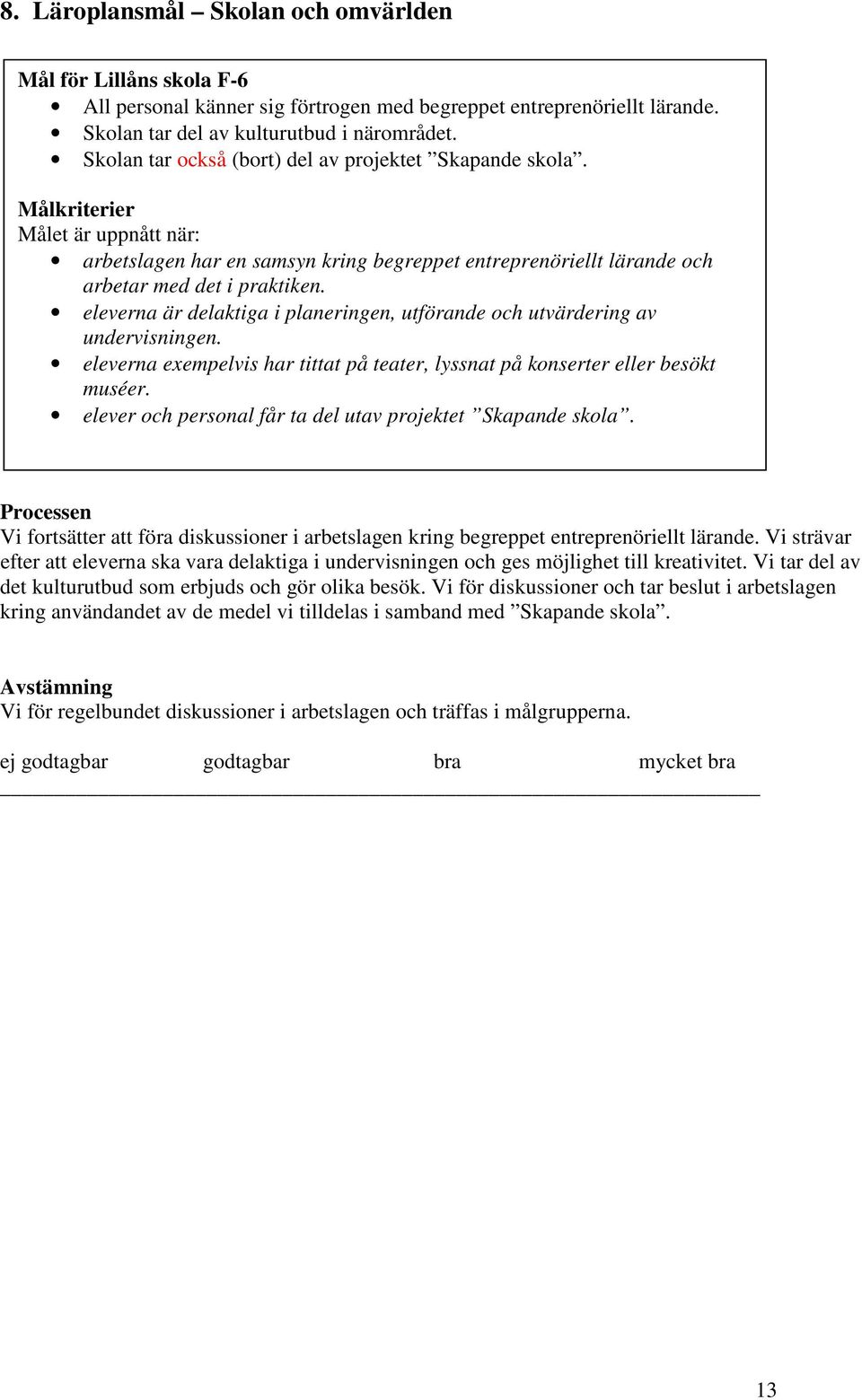 eleverna är delaktiga i planeringen, utförande och utvärdering av undervisningen. eleverna exempelvis har tittat på teater, lyssnat på konserter eller besökt muséer.