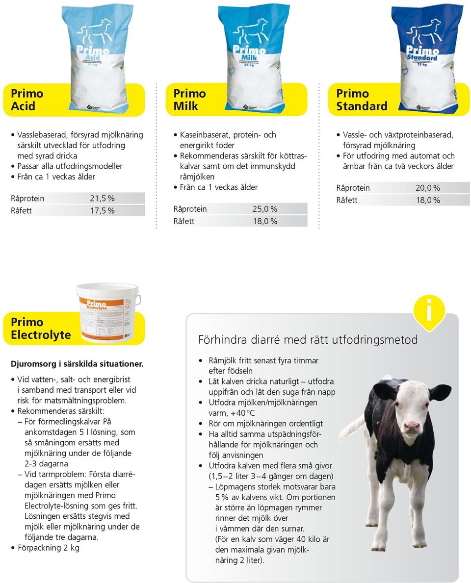 växtproteinbaserad, försyrad mjölknäring För utfodring med automat och ämbar från ca två veckors ålder Råprotein 20,0 % Råfett 18,0 % Primo Electrolyte Djuromsorg i särskilda situationer.