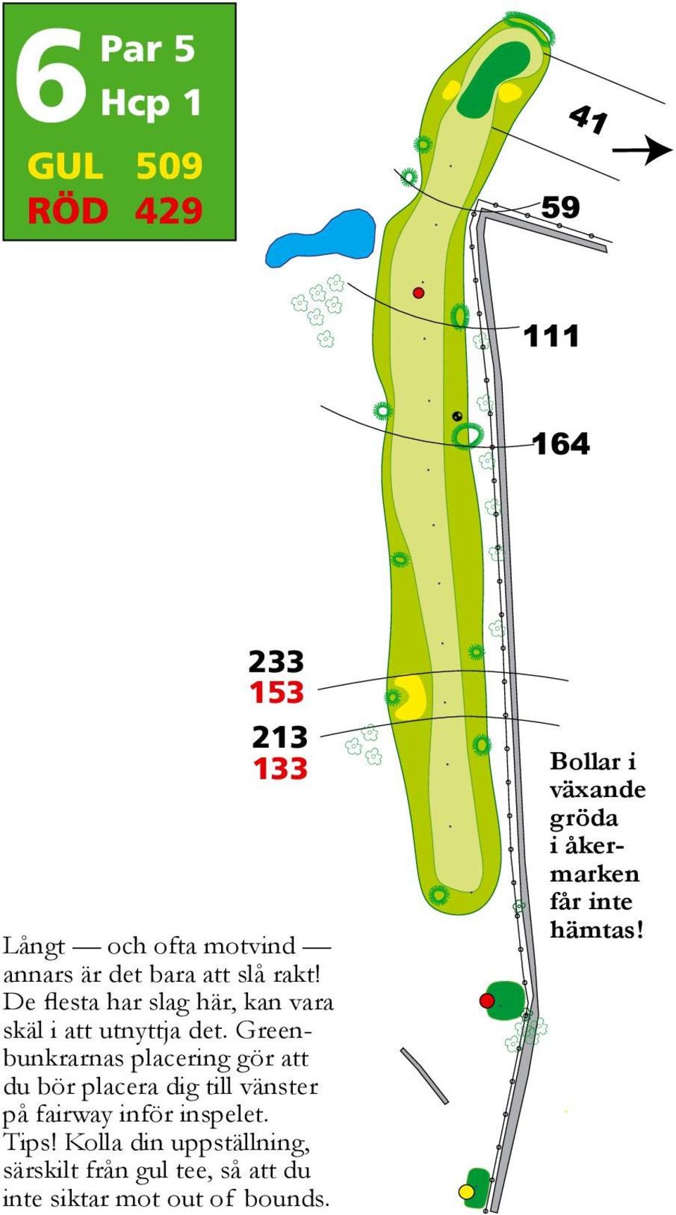 Greenbunkrarnas placering gör att du bör placera dig till vänster på fairway inför inspelet. Tips!