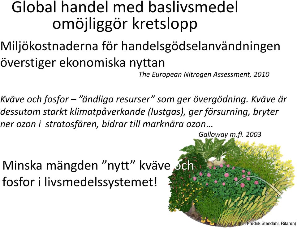 Kväve är dessutom starkt klimatpåverkande (lustgas), ger försurning, bryter ner ozon i stratosfären, bidrar till