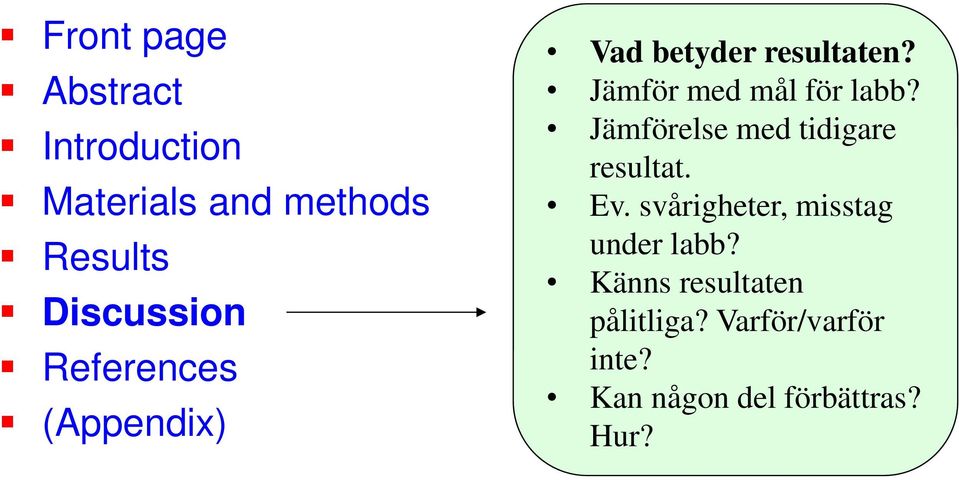 Jämförelse med tidigare resultat. Ev. svårigheter, misstag under labb?