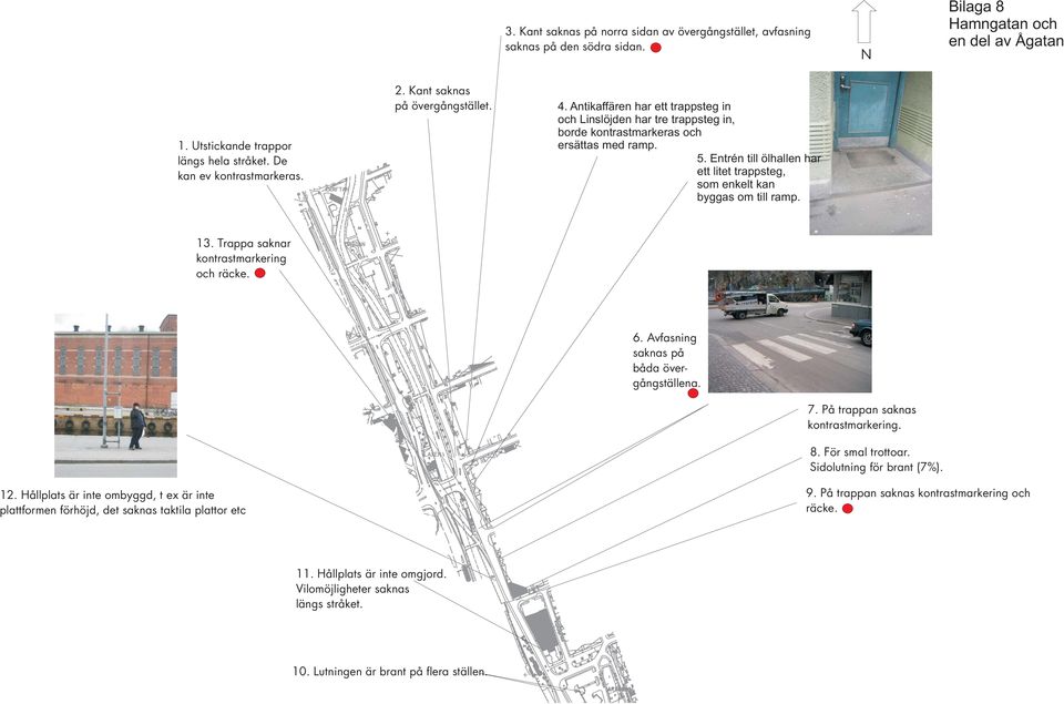 Entrén till ölhallen har ett litet trappsteg, som enkelt kan byggas om till ramp. 13. Trappa saknar kontrastmarkering och räcke. 12.