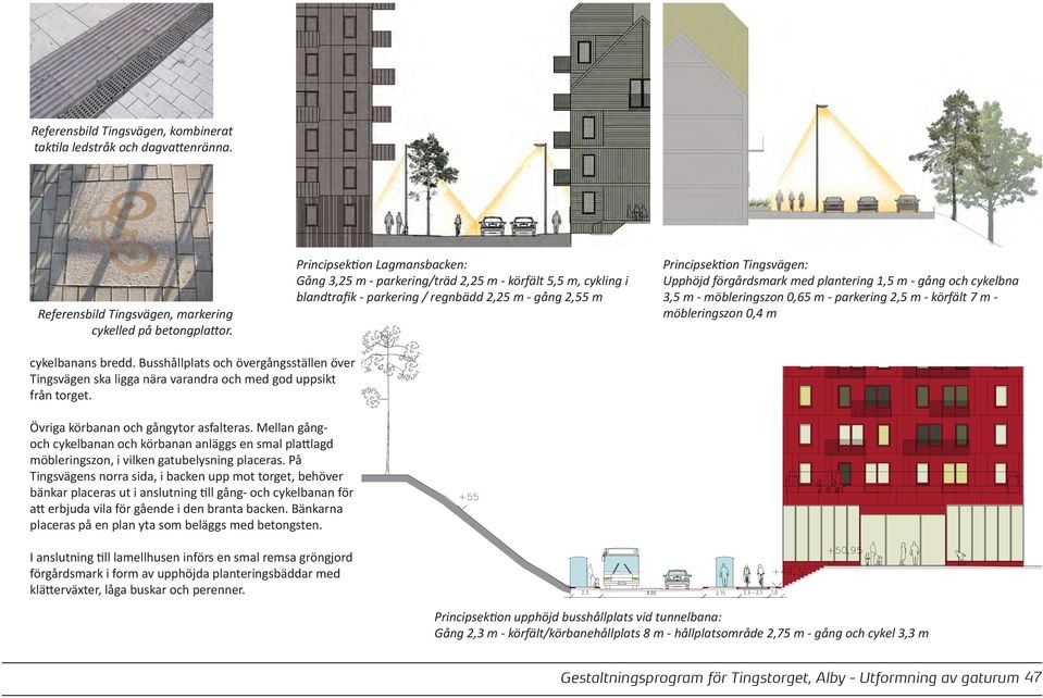 med plantering 1,5 m - gång och cykelbna 3,5 m - möbleringszon 0,65 m - parkering 2,5 m - körfält 7 m - möbleringszon 0,4 m cykelbanans bredd.