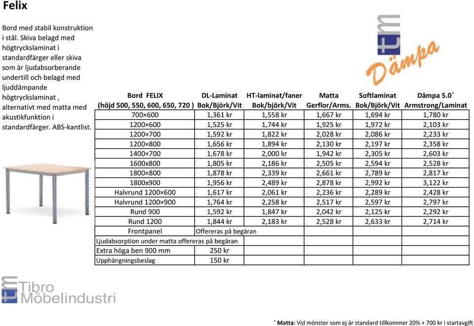 standardfärger. ABS-kantlist. Bord FELIX DL-Laminat HT-laminat/faner Matta Softlaminat Dämpa 5.0 (höjd 500, 550, 600, 650, 720 ) Bok/Björk/Vit Bok/björk/Vit Gerflor/Arms.