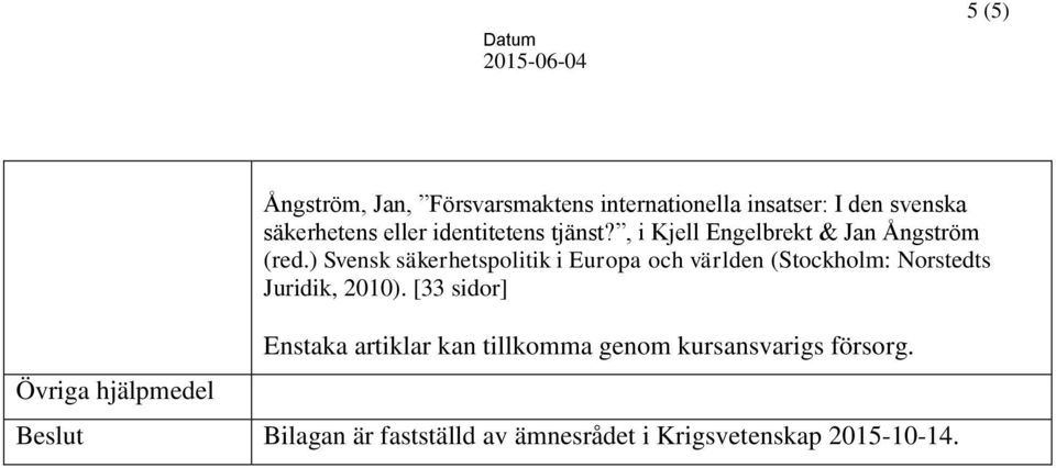 ) Svensk säkerhetspolitik i Europa och världen (Stockholm: Norstedts Juridik, 2010).