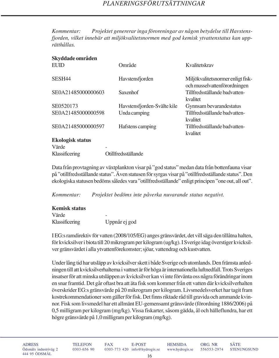 Skyddade områden EUID Område Kvalitetskrav SESH44 Havstensfjorden Miljökvalitetsnormer enligt fiskoch musselvattenförordningen SE0A21485000000603 Saxenhof Tillfredsställande badvattenkvalitet