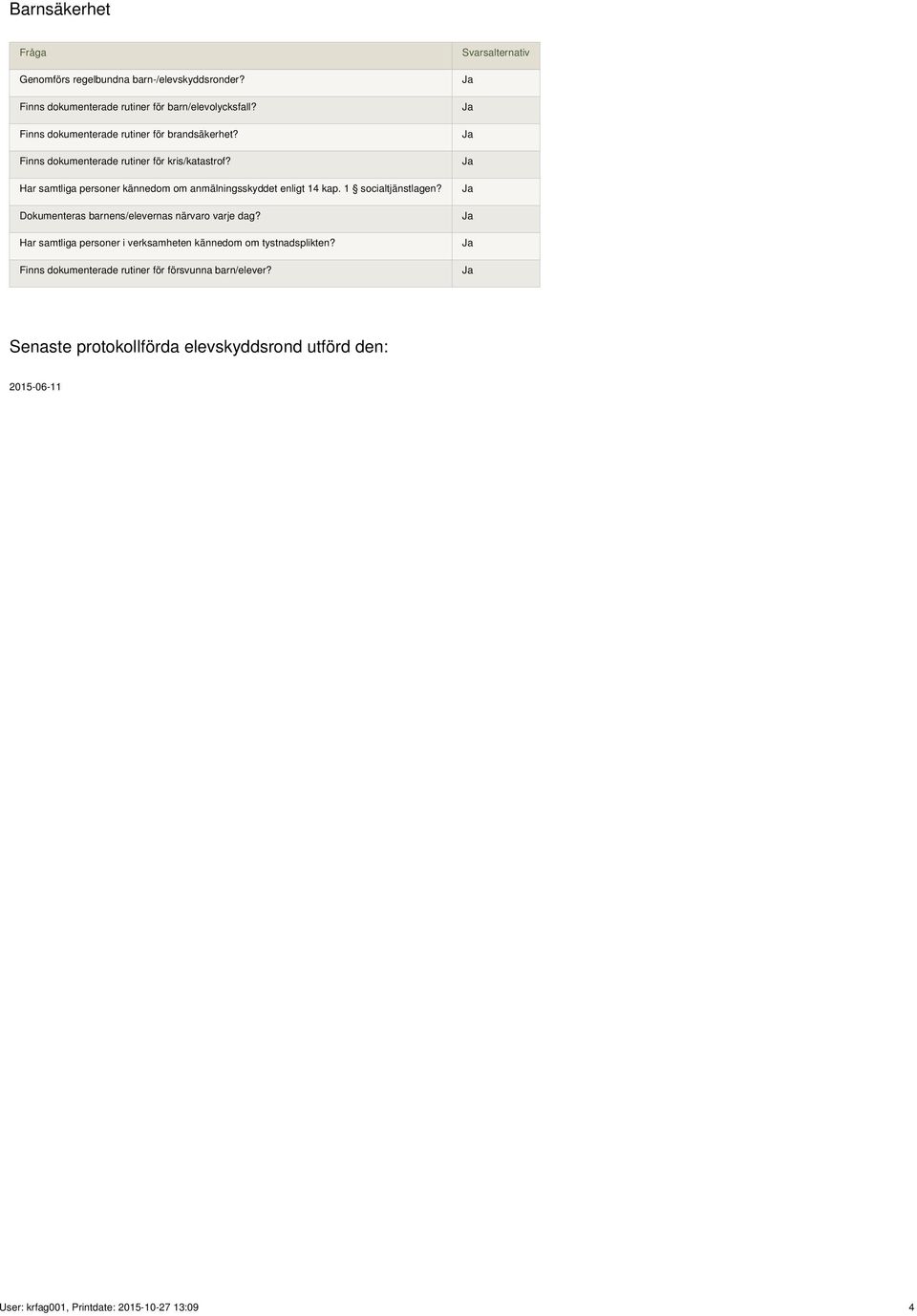 Har samtliga personer kännedom om anmälningsskyddet enligt 14 kap. 1 socialtjänstlagen? Dokumenteras barnens/elevernas närvaro varje dag?