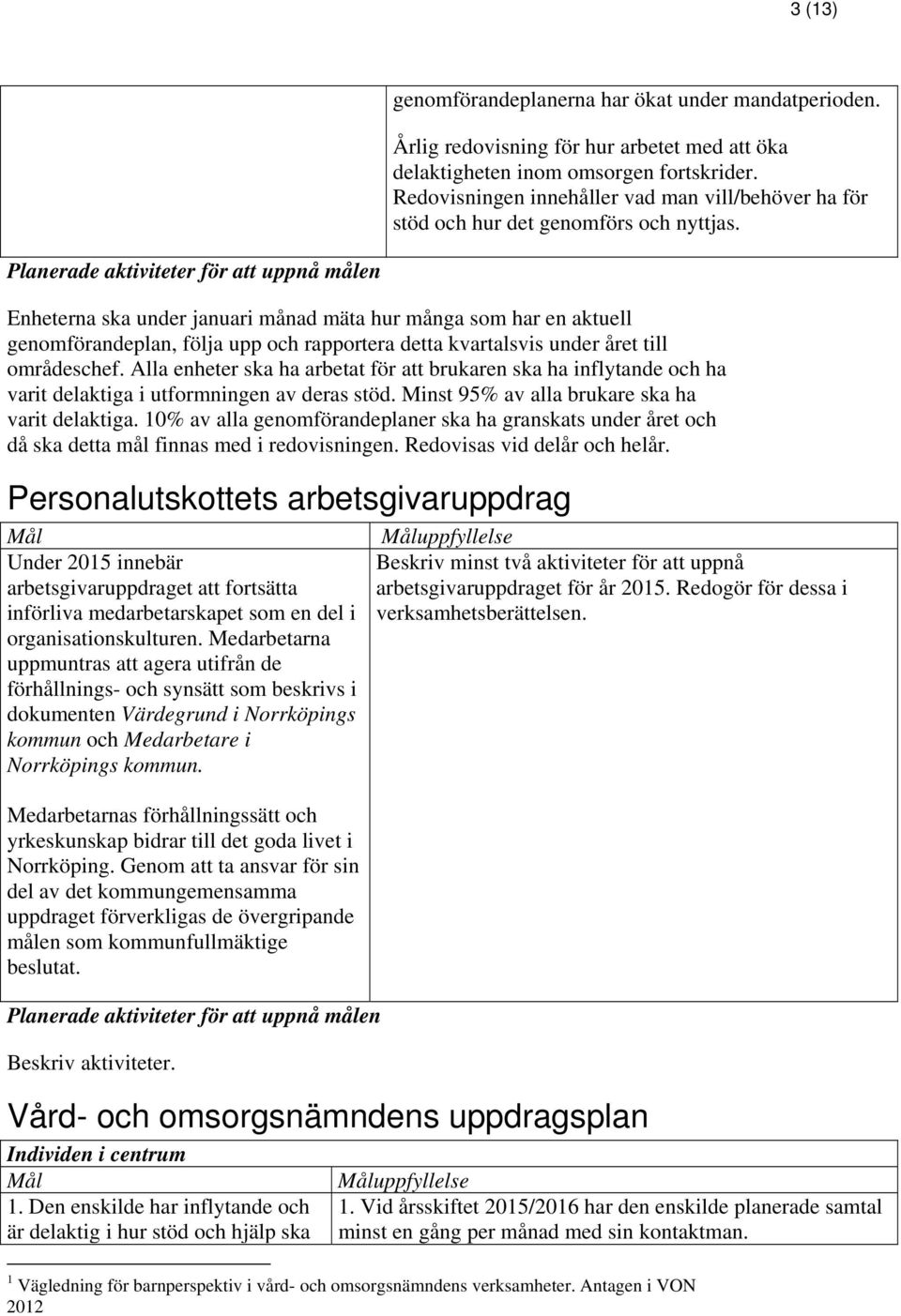 Enheterna ska under januari månad mäta hur många som har en aktuell genomförandeplan, följa upp och rapportera detta kvartalsvis under året till områdeschef.