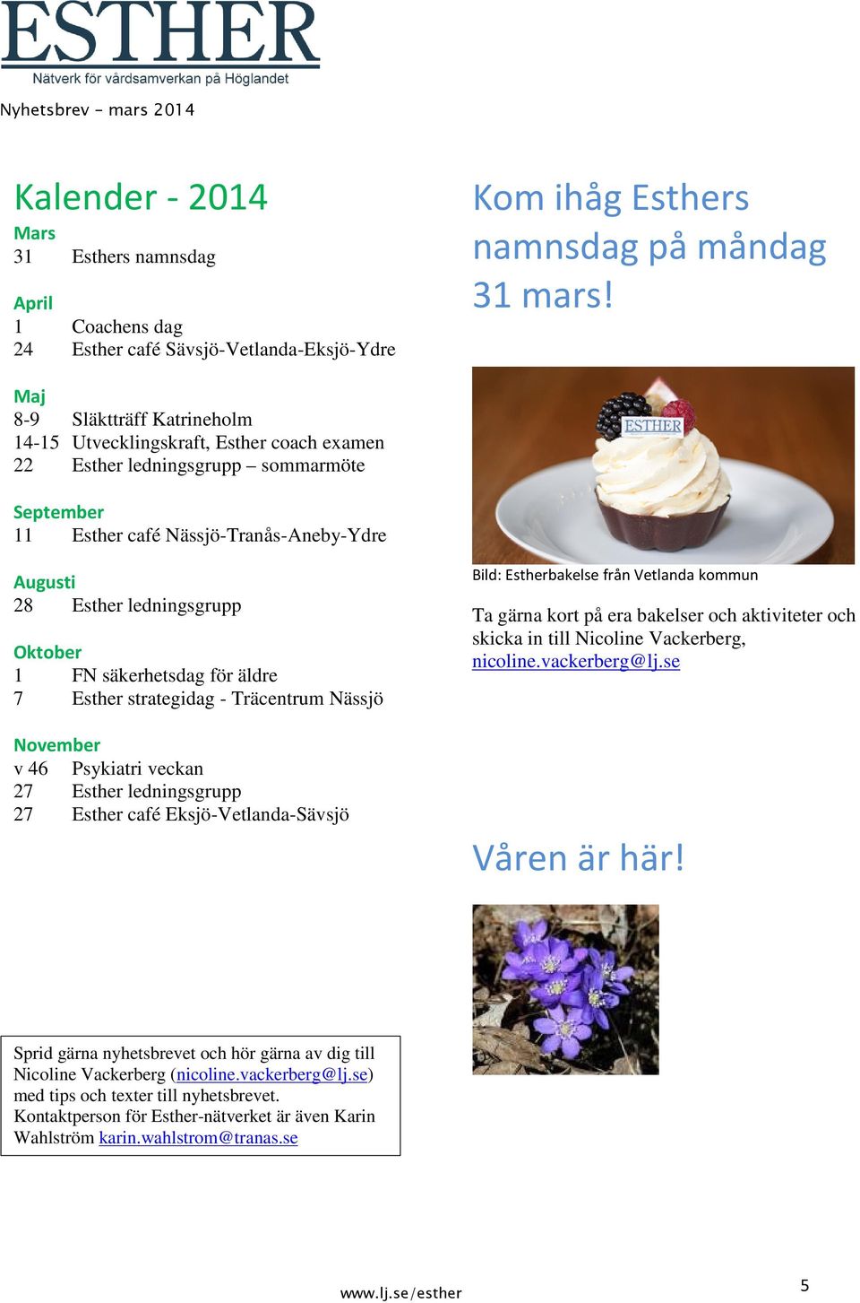 1 FN säkerhetsdag för äldre 7 Esther strategidag - Träcentrum Nässjö November v 46 Psykiatri veckan 27 Esther ledningsgrupp 27 Esther café Eksjö-Vetlanda-Sävsjö Bild: Estherbakelse från Vetlanda