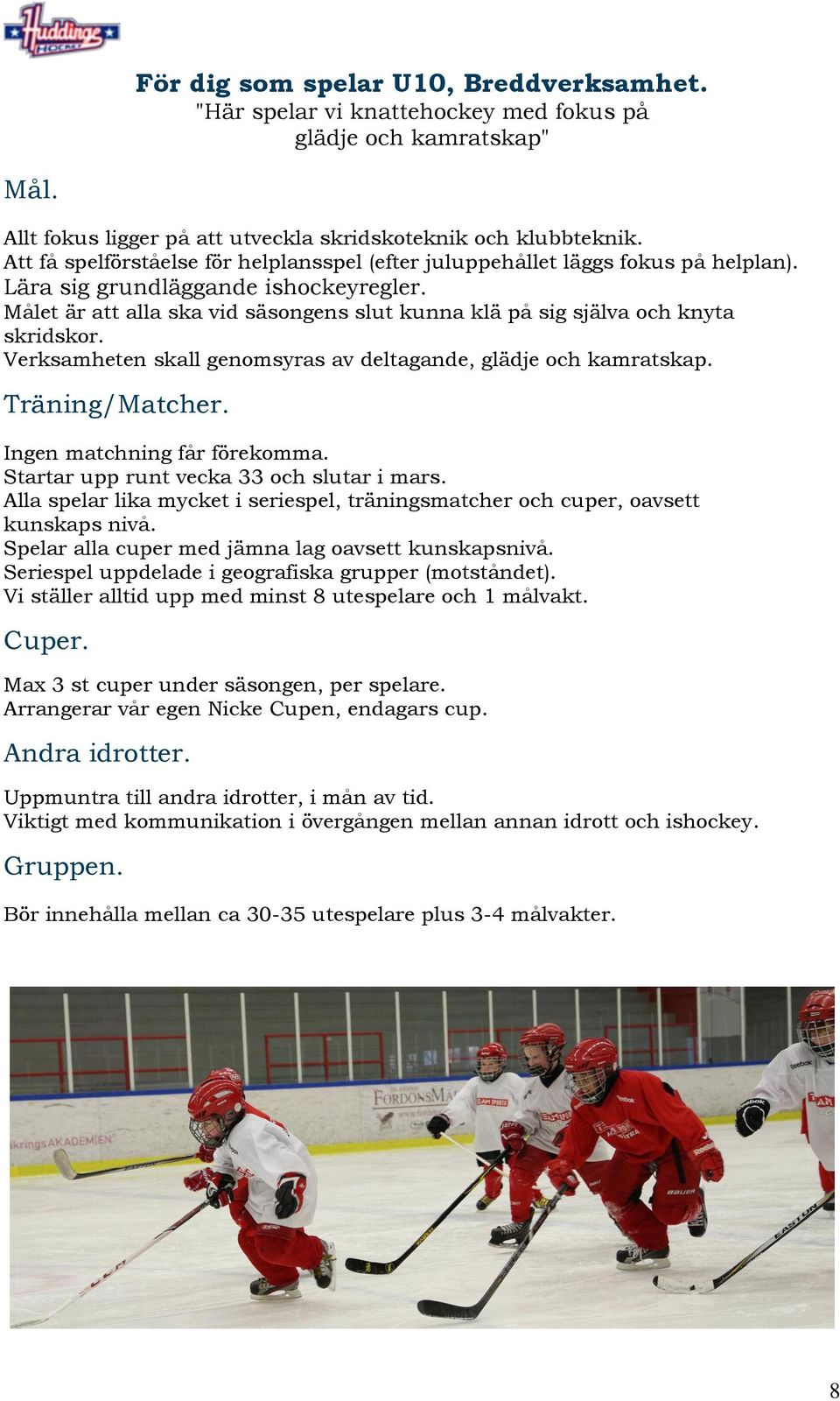 Målet är att alla ska vid säsongens slut kunna klä på sig själva och knyta skridskor. Verksamheten skall genomsyras av deltagande, glädje och kamratskap. Träning/Matcher.