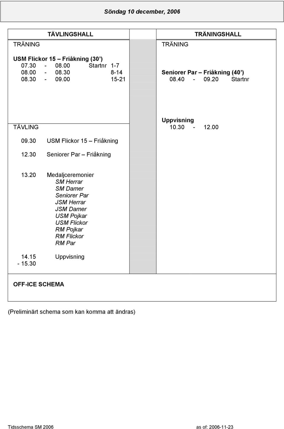 30 USM Flickor 15 Friåkning 12.30 Seniorer Par Friåkning 13.