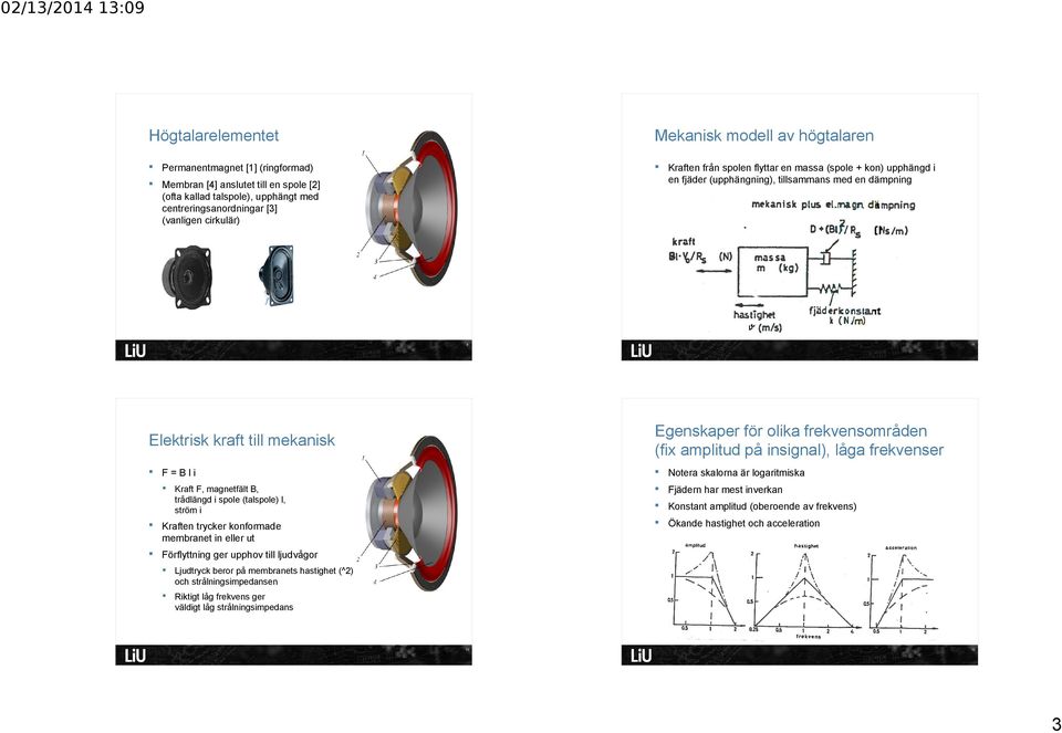 amplitud på insignal), låga frekvenser F=Bli Notera skalorna är logaritmiska Kraft F, magnetfält B, trådlängd i spole (talspole) l, ström i Fjädern har mest inverkan Konstant amplitud (oberoende av