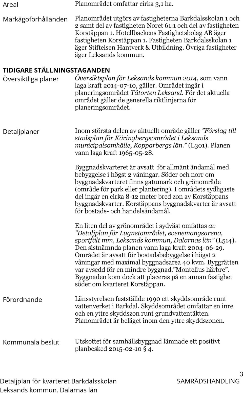 TIDIGARE STÄLLNINGSTAGANDEN Översiktliga planer Översiktsplan för Leksands kommun 2014, som vann laga kraft 2014-07-10, gäller. Området ingår i planeringsområdet Tätorten Leksand.