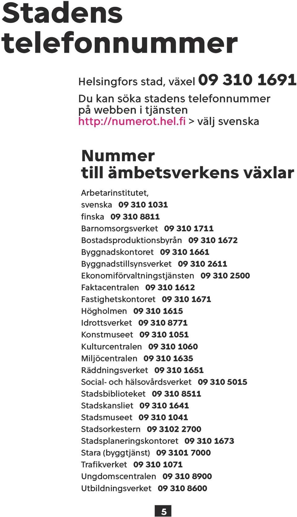 1661 Byggnadstillsynsverket 09 310 2611 Ekonomiförvaltningstjänsten 09 310 2500 Faktacentralen 09 310 1612 Fastighetskontoret 09 310 1671 Högholmen 09 310 1615 Idrottsverket 09 310 8771 Konstmuseet