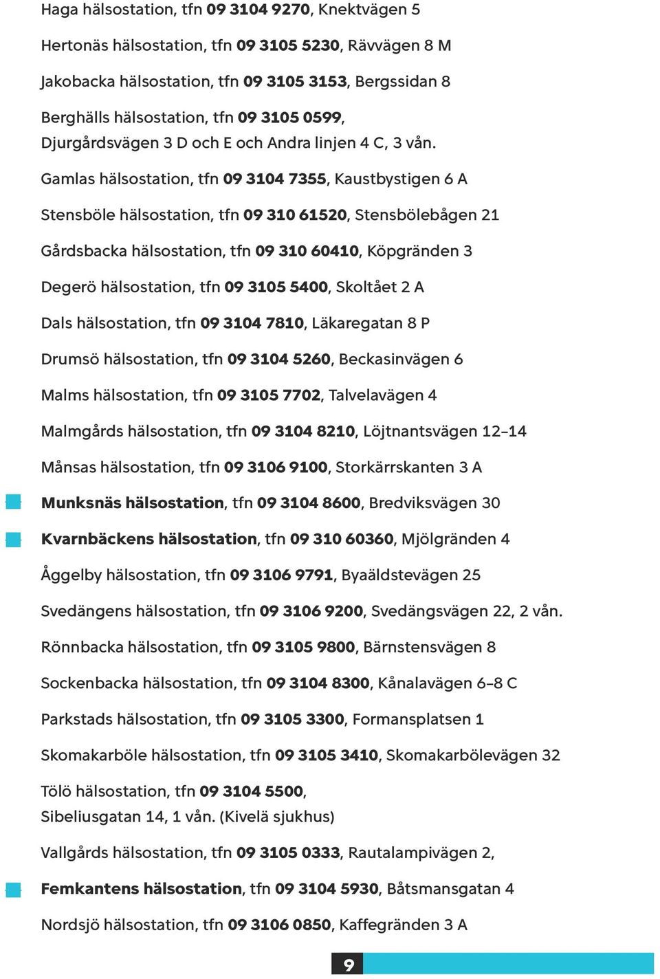 Gamlas hälsostation, tfn 09 3104 7355, Kaustbystigen 6 A Stensböle hälsostation, tfn 09 310 61520, Stensbölebågen 21 Gårdsbacka hälsostation, tfn 09 310 60410, Köpgränden 3 Degerö hälsostation, tfn