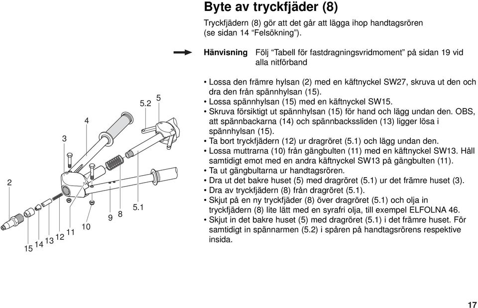 1 Lossa den främre hylsan (2) med en käftnyckel SW27, skruva ut den och dra den från spännhylsan (15). Lossa spännhylsan (15) med en käftnyckel SW15.