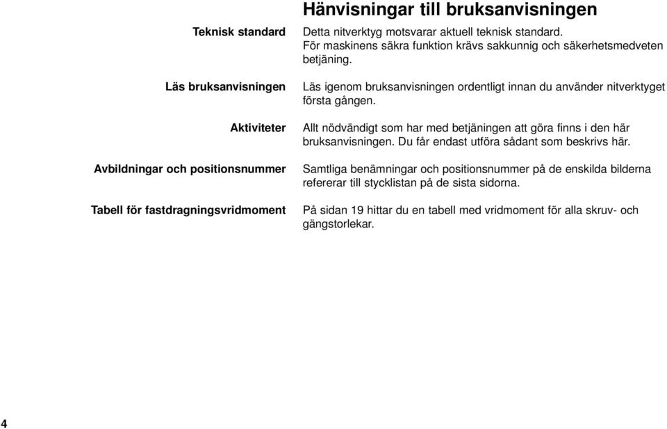 Läs igenom bruksanvisningen ordentligt innan du använder nitverktyget första gången. Allt nödvändigt som har med betjäningen att göra finns i den här bruksanvisningen.