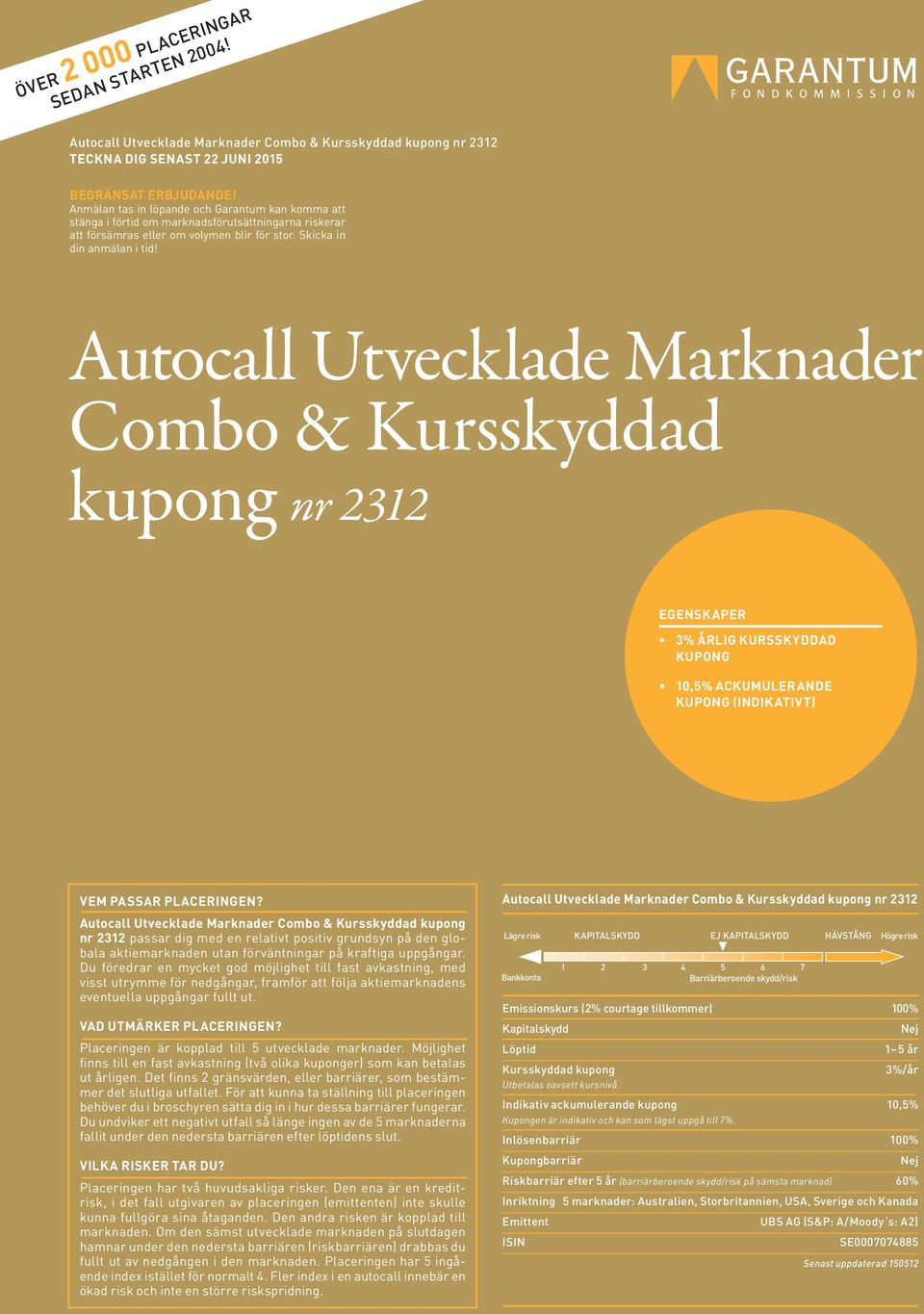 Autocall Utvecklade Marknader Combo & Kursskyddad kupong nr 2312 EGENSKAPER 3% ÅRLIG KURSSKYDDAD KUPONG 10,5% ACKUMULERANDE KUPONG (INDIKATIVT) VEM PASSAR PLACERINGEN?