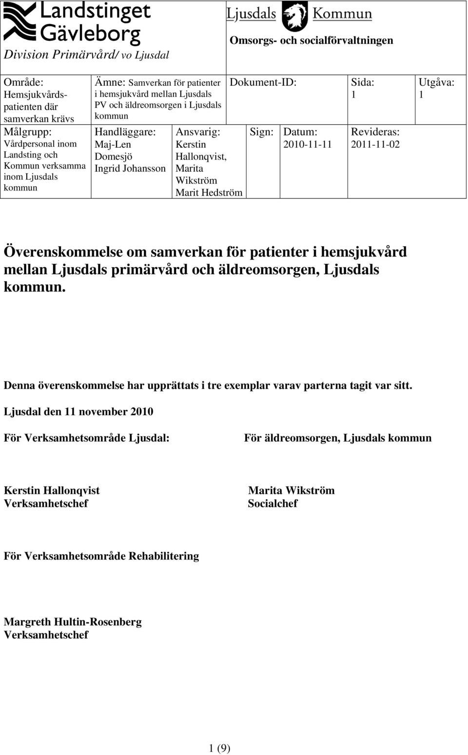 Hedström Dokument-ID: Sign: Datum: 2010-11-11 Sida: 1 Revideras: 2011-11-02 Utgåva: 1 Överenskommelse om samverkan för patienter i hemsjukvård mellan Ljusdals primärvård och äldreomsorgen, Ljusdals