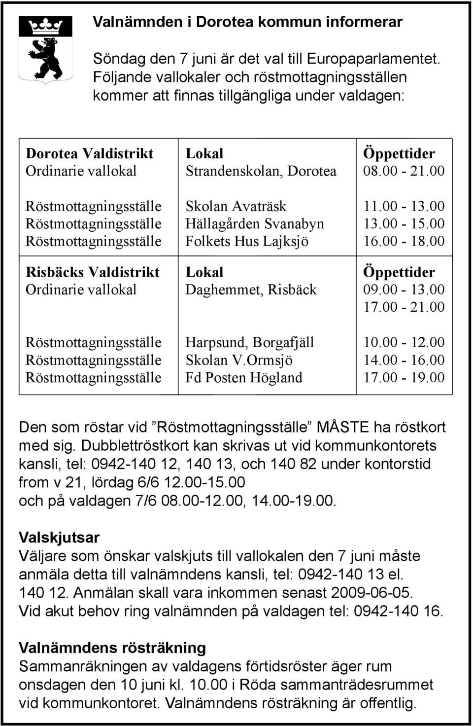 Risbäcks Valdistrikt Ordinarie vallokal Röstmottagningsställe Röstmottagningsställe Röstmottagningsställe Lokal Strandenskolan, Dorotea Skolan Avaträsk Hällagården Svanabyn Folkets Hus Lajksjö Lokal