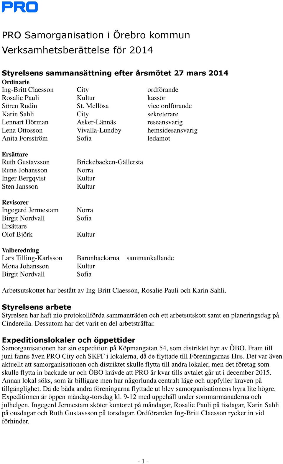 Johansson Inger Bergqvist Sten Jansson Revisorer Ingegerd Jermestam Birgit Nordvall Olof Björk Brickebacken-Gällersta Norra Norra Sofia Valberedning Lars Tilling-Karlsson Baronbackarna sammankallande