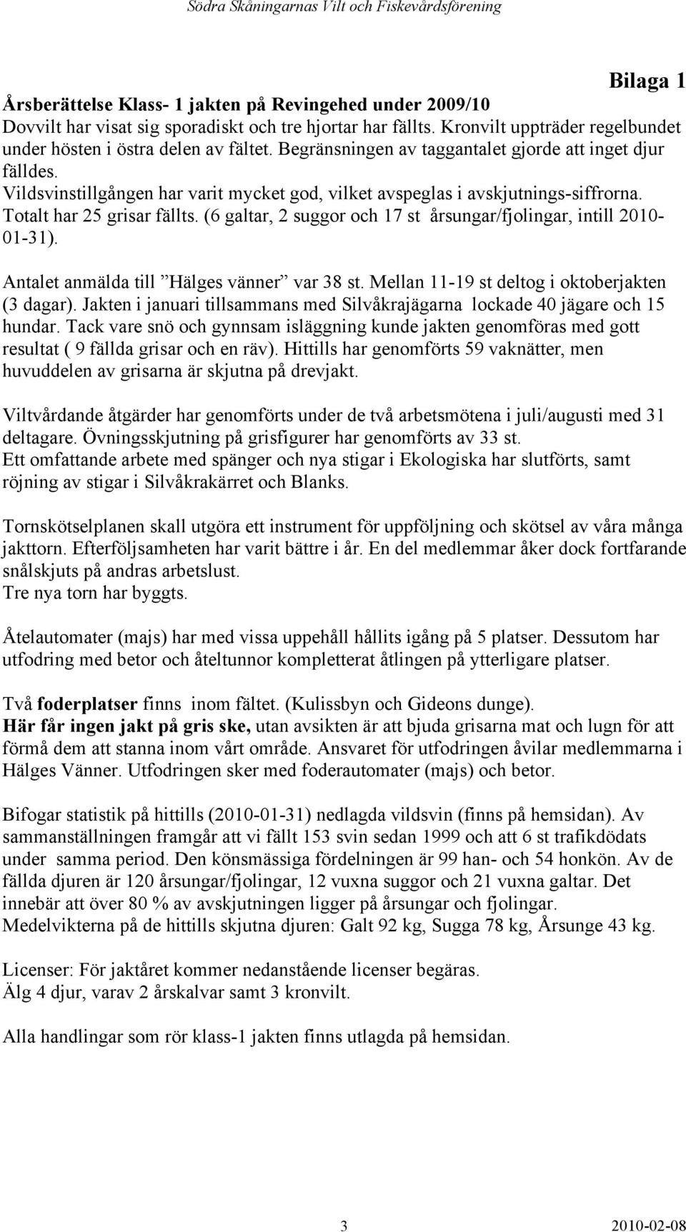 (6 galtar, 2 suggor och 17 st årsungar/fjolingar, intill 2010-01-31). Antalet anmälda till Hälges vänner var 38 st. Mellan 11-19 st deltog i oktoberjakten (3 dagar).