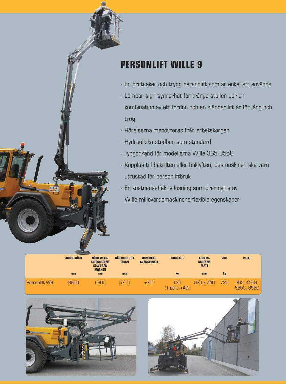baklyften, basmaskinen ska vara utrustad för personliftbruk - En kostnadseffektiv lösning som drar nytta av Wille-miljövårdsmaskinens flexibla egenskaper ARBETSHÖJD HÖJD AV AR-
