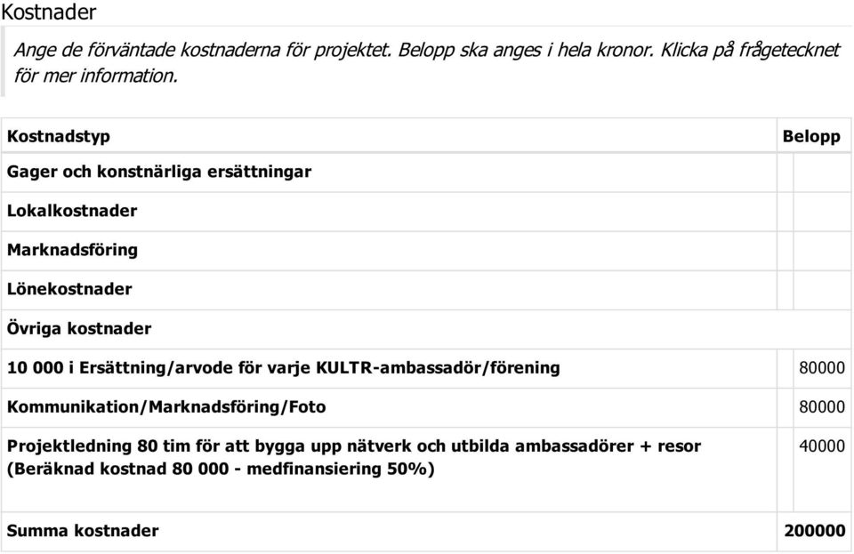 Kostnadstyp Gager och konstnärliga ersättningar Belopp Lokalkostnader Marknadsföring Lönekostnader Övriga kostnader 10 000 i