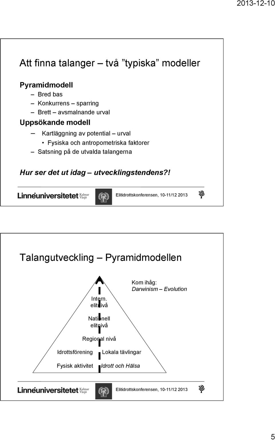 talangerna Hur ser det ut idag utvecklingstendens?! Talangutveckling Pyramidmodellen Intern.