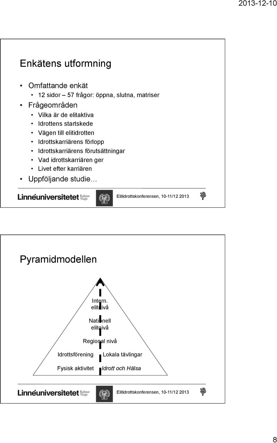 förutsättningar Vad idrottskarriären ger Livet efter karriären Uppföljande studie Pyramidmodellen Intern.