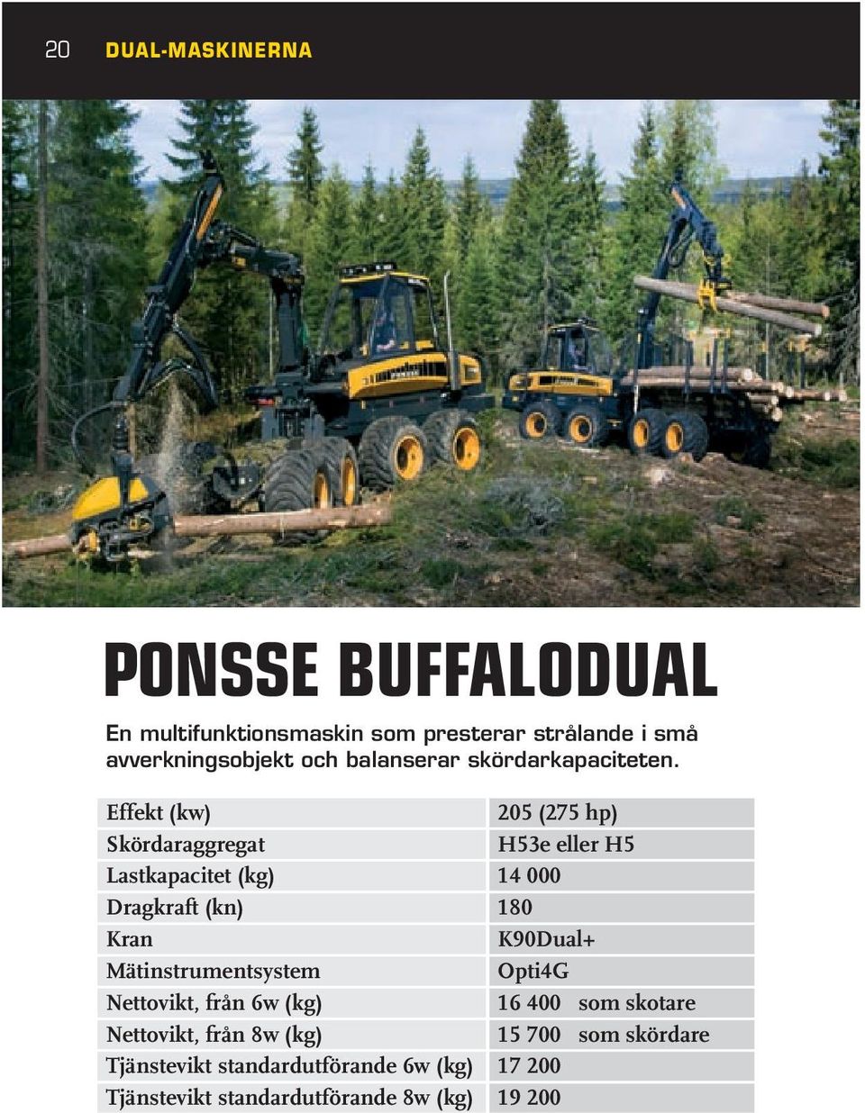 Effekt (kw) Skördaraggregat Lastkapacitet (kg) Dragkraft (kn) Kran Mätinstrumentsystem Nettovikt, från 6w (kg)