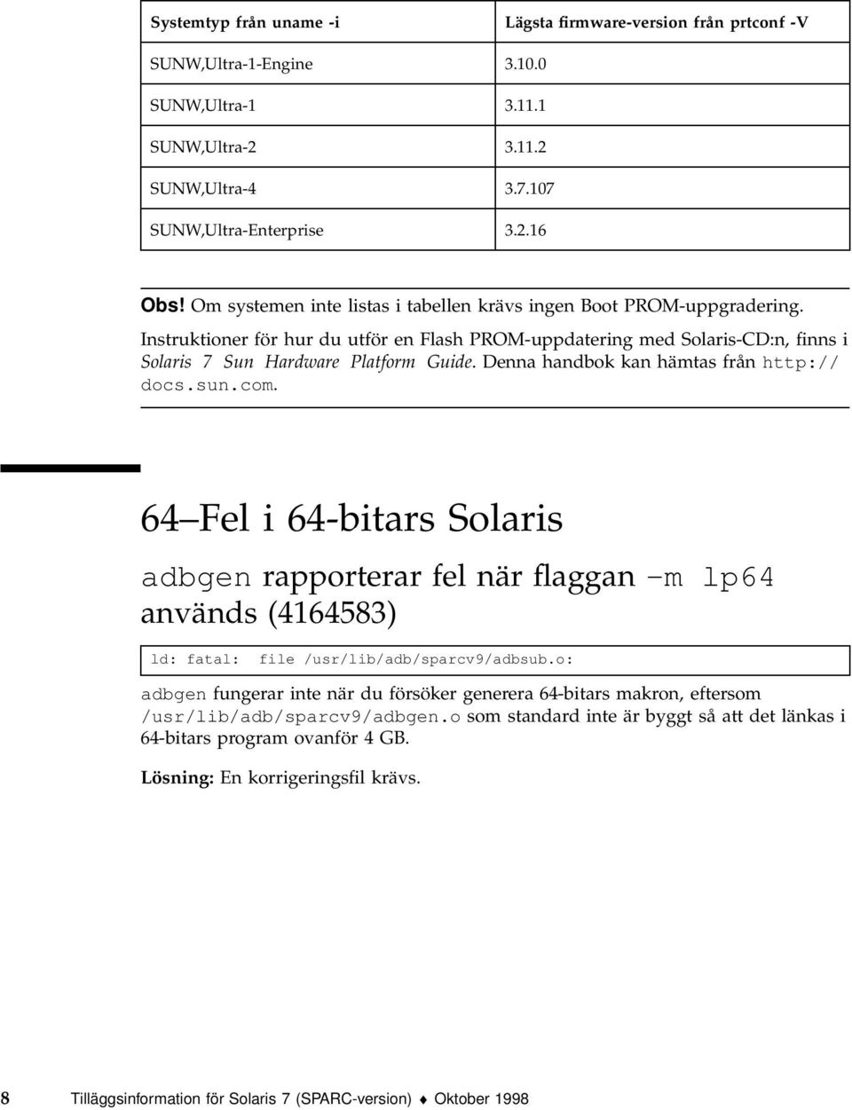 Denna handbok kan hämtas från http:// docs.sun.com. 64 Fel i 64-bitars Solaris adbgen rapporterar fel när flaggan -m lp64 används (4164583) ld: fatal: file /usr/lib/adb/sparcv9/adbsub.