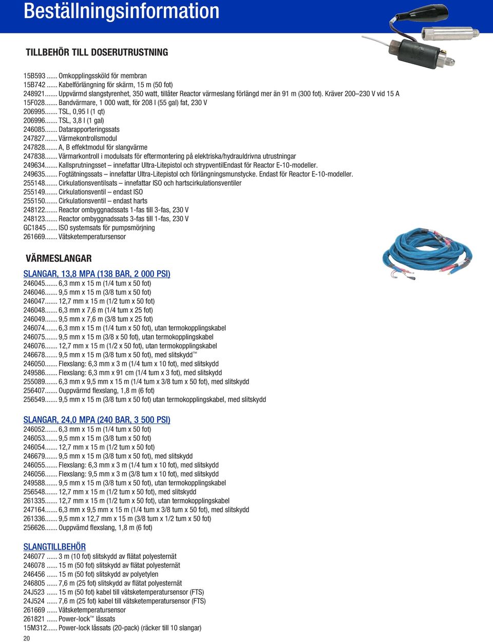.. TSL, 0,95 l (1 qt) 206996... TSL, 3,8 l (1 gal) 246085... Datarapporteringssats 247827... Värmekontrollsmodul 247828... A, B effektmodul för slangvärme 247838.