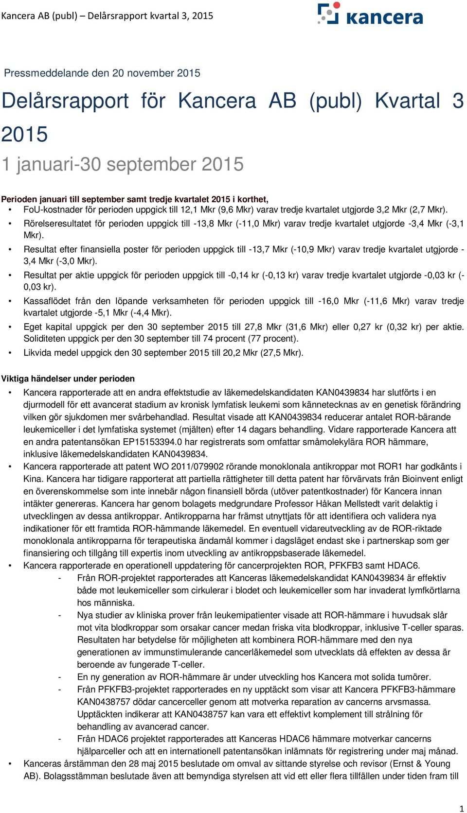 Rörelseresultatet för perioden uppgick till -13,8 Mkr (-11,0 Mkr) varav tredje kvartalet utgjorde -3,4 Mkr (-3,1 Mkr).