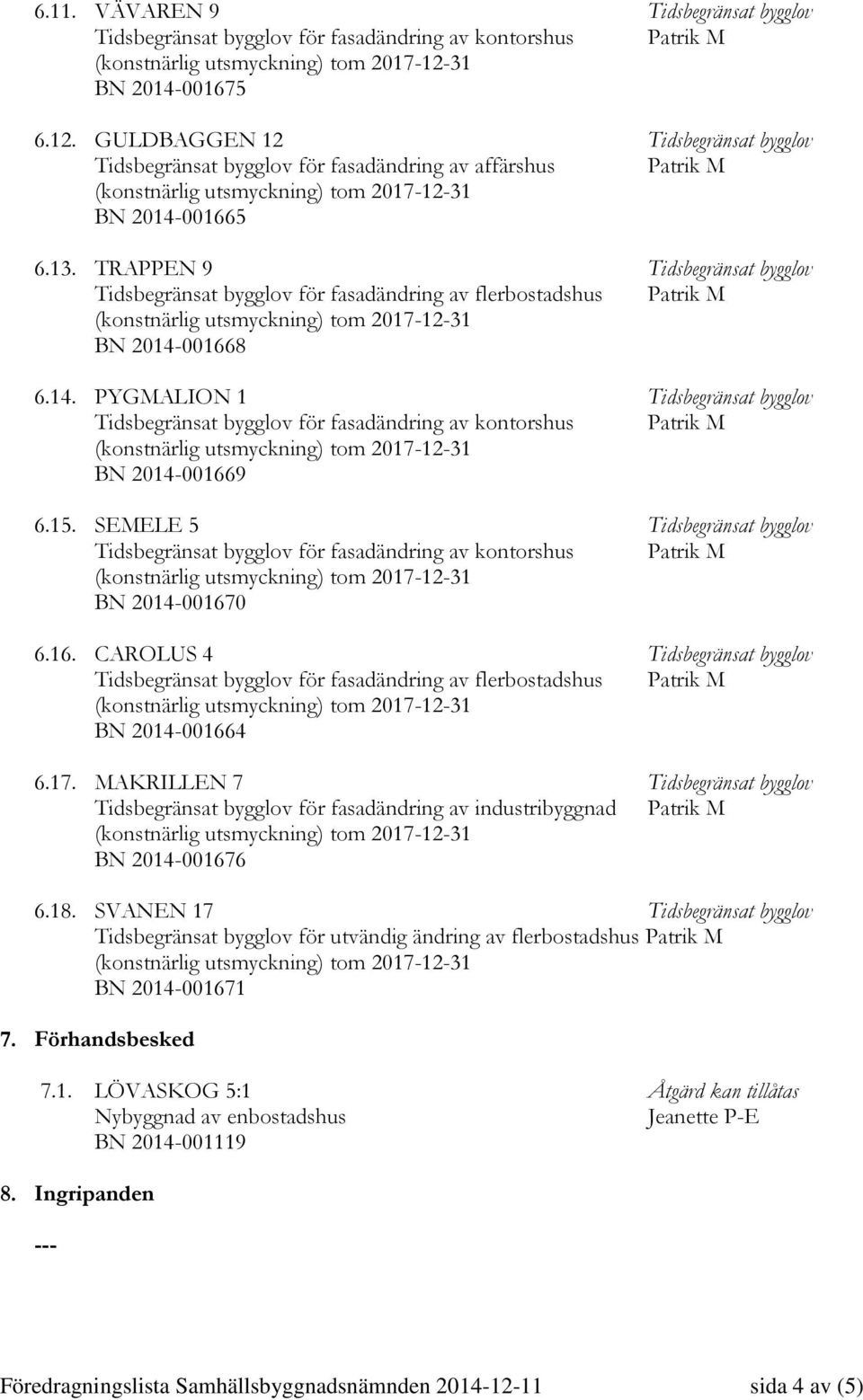 TRAPPEN 9 Tidsbegränsat bygglov Tidsbegränsat bygglov för fasadändring av flerbostadshus BN 2014-