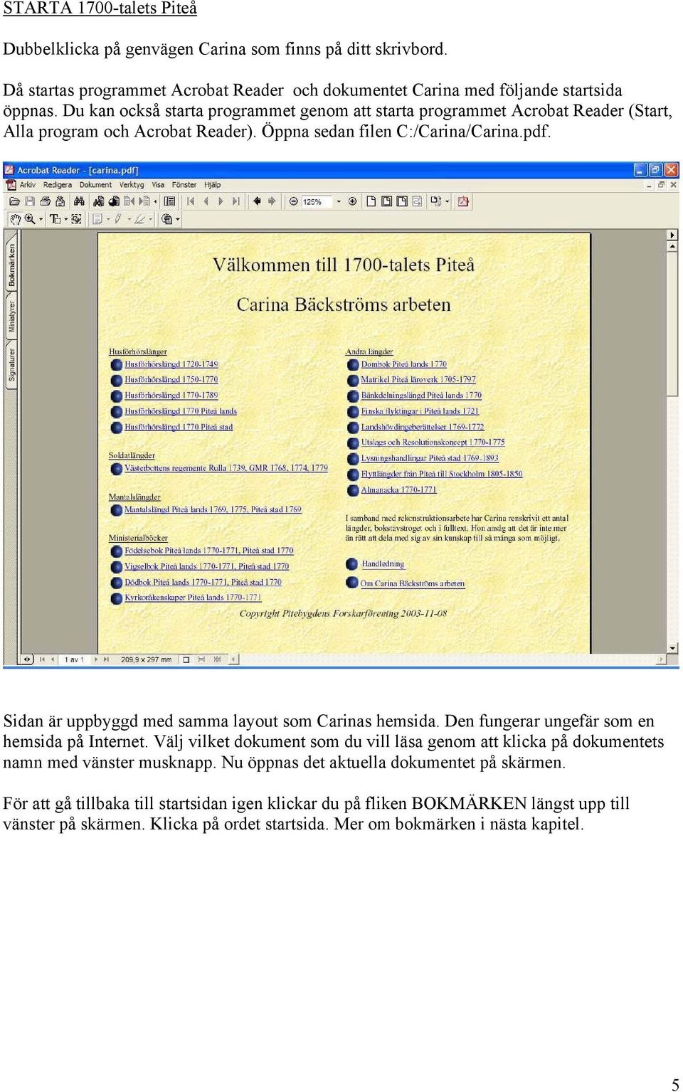Sidan är uppbyggd med samma layout som Carinas hemsida. Den fungerar ungefär som en hemsida på Internet.