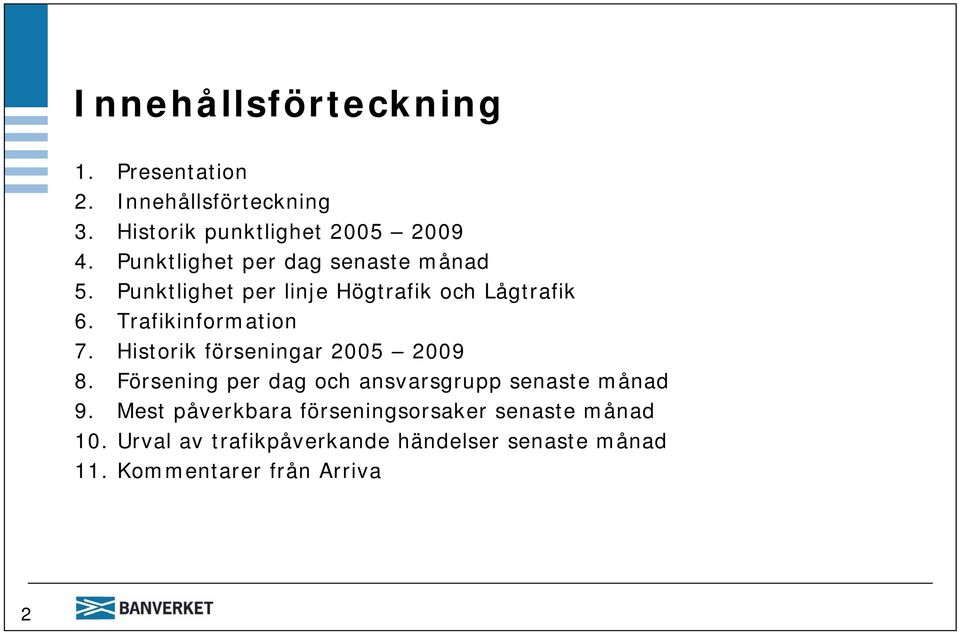 Historik förseningar 2005 2009 8. Försening per dag och ansvarsgrupp senaste månad 9.