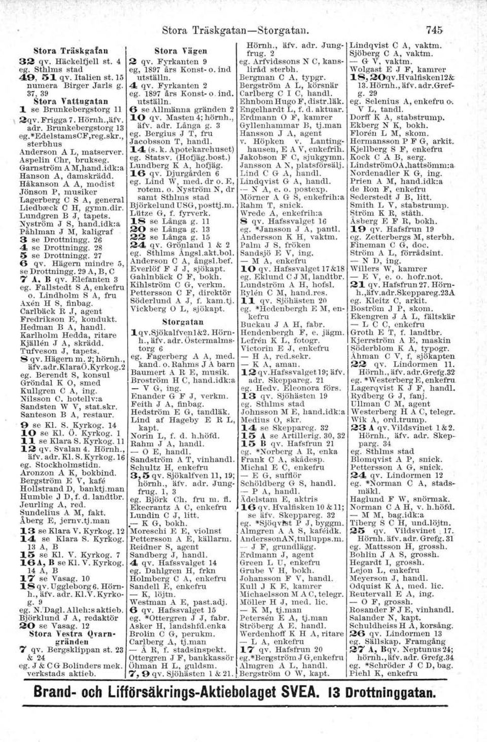 Hvalfisken12& numera Birger Jarls g. 4 qv. Fyrkanten 2 Bergetrönt A L, körsnär 13.Hörnh., äfv. adr.gref- 37,39 ego 1897 års Konst- O. ind. Carlberg C r C, handl. g. 29 Storn Vattugatan utställn.