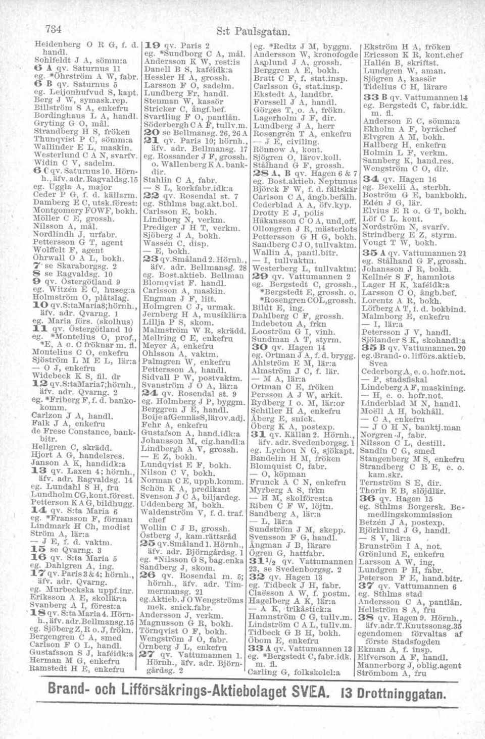 Hörnh., äfv. adr. Ragvaldsg.15 ego Uggla A, major Ceder P G, f. d. källarm. Damberg E O, utsk.förest: Montgomery FOWF, bokh. Möller O E, grossh. Nilsson A, mål. Nordlindh J, nrfabr.