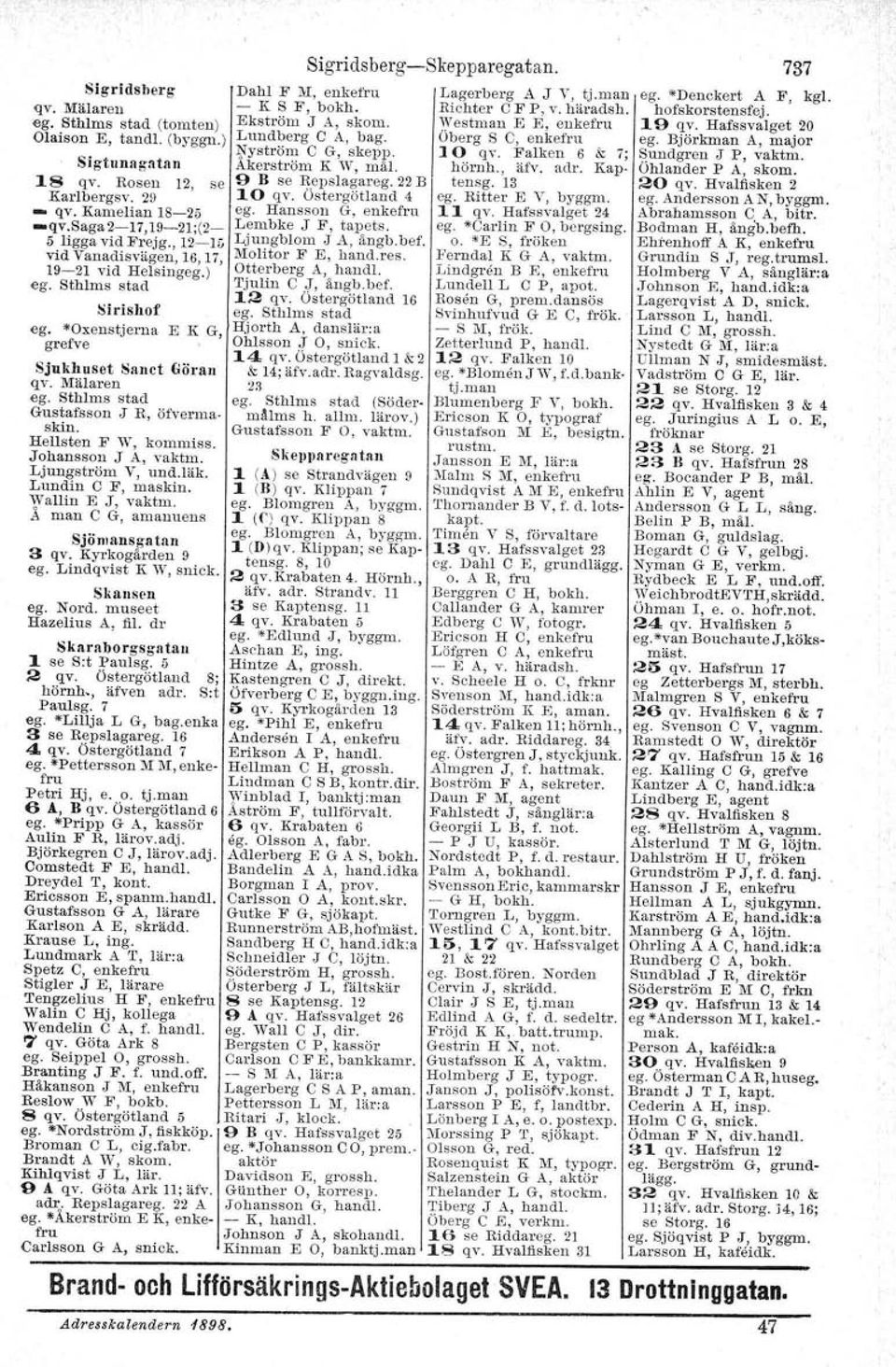 Johansson J A, vaktm. Ljungström V, und.läk. Lundin C F, maskin. WalUn E J, vaktm. Å man C G, amanuens Sjömansgatan 3 qv. Kyrkogården 9 ego Lindqvist R w, snick, Skausen ego Nord.