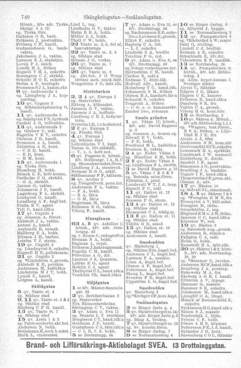 Elliot F, enkefru ego*edelsvärd A W, major Fröberg C F, handl. 22 Tanto m. 3, 6, del af, Hagberg G A, litt. Dahl O, civiling. Gudmundsson G, bankvaktm. banvaktstuga - L J, enkefru Lindell ej, brefbär.