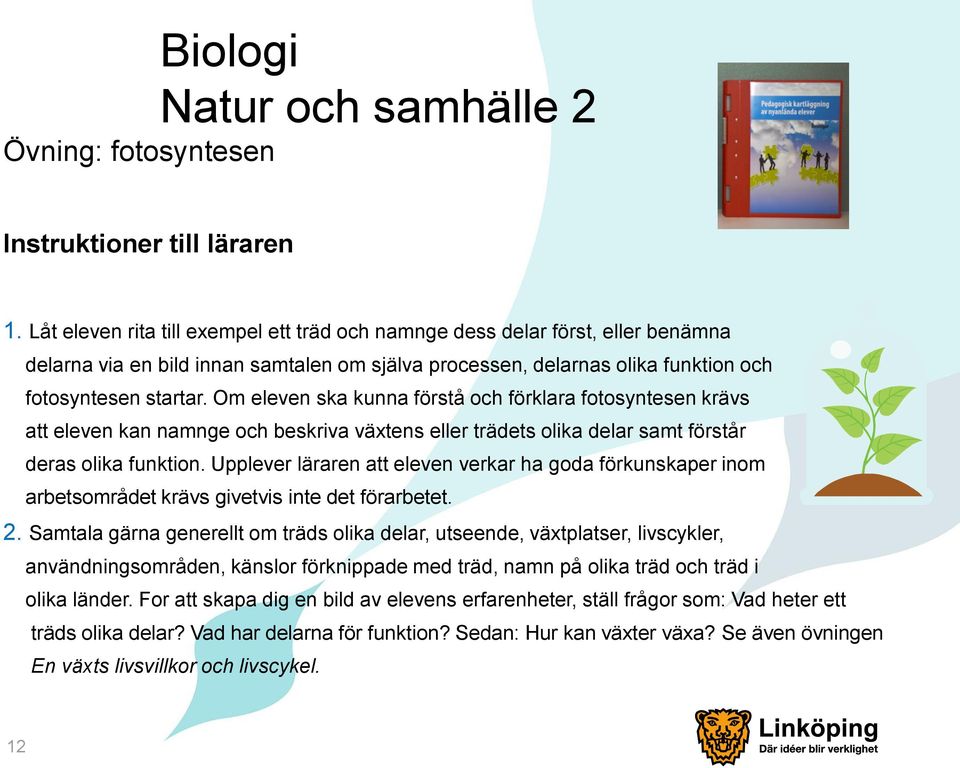 Om eleven ska kunna förstå och förklara fotosyntesen krävs att eleven kan namnge och beskriva växtens eller trädets olika delar samt förstår deras olika funktion.