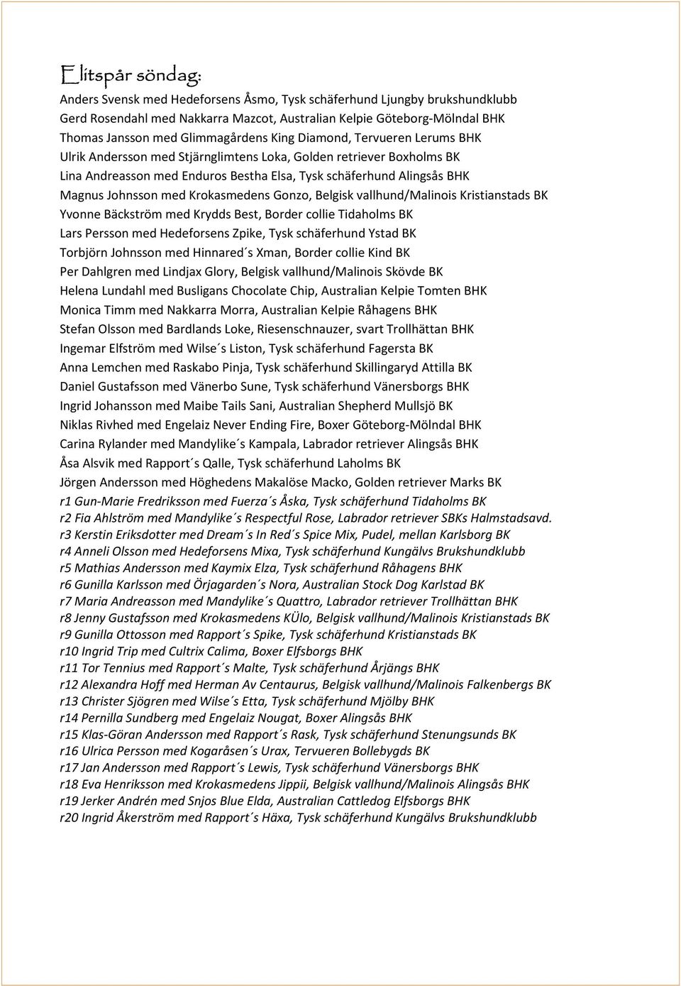 Johnsson med Krokasmedens Gonzo, Belgisk vallhund/malinois Kristianstads BK Yvonne Bäckström med Krydds Best, Border collie Tidaholms BK Lars Persson med Hedeforsens Zpike, Tysk schäferhund Ystad BK