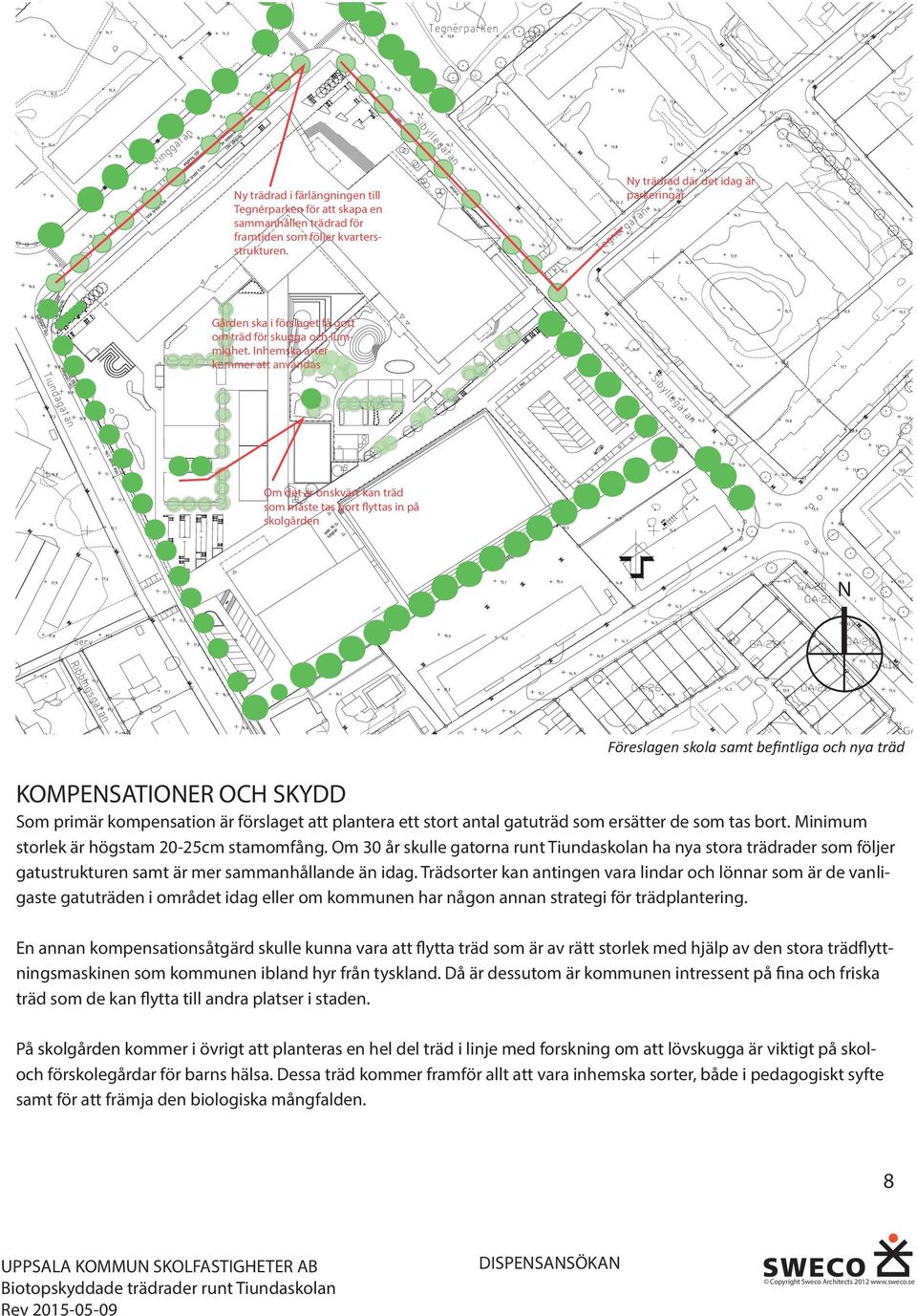 Inhemska arter kommer att användas Om det är önskvärt kan träd som måste tas bort flyttas in på skolgården N Föreslagen skola samt beįntliga och nya träd KOMPENSATIONER OCH SKYDD Som primär