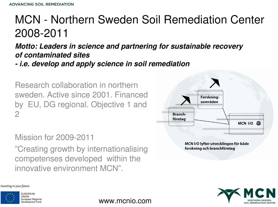 Active since 2001. Financed by EU, DG regional.