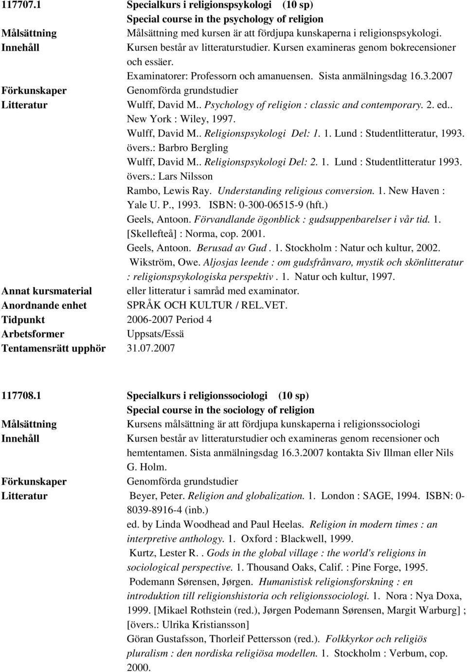 . New York : Wiley, 1997. Wulff, David M.. Religionspsykologi Del: 1. 1. Lund : Studentlitteratur, 1993. övers.: Barbro Bergling Wulff, David M.. Religionspsykologi Del: 2. 1. Lund : Studentlitteratur 1993.