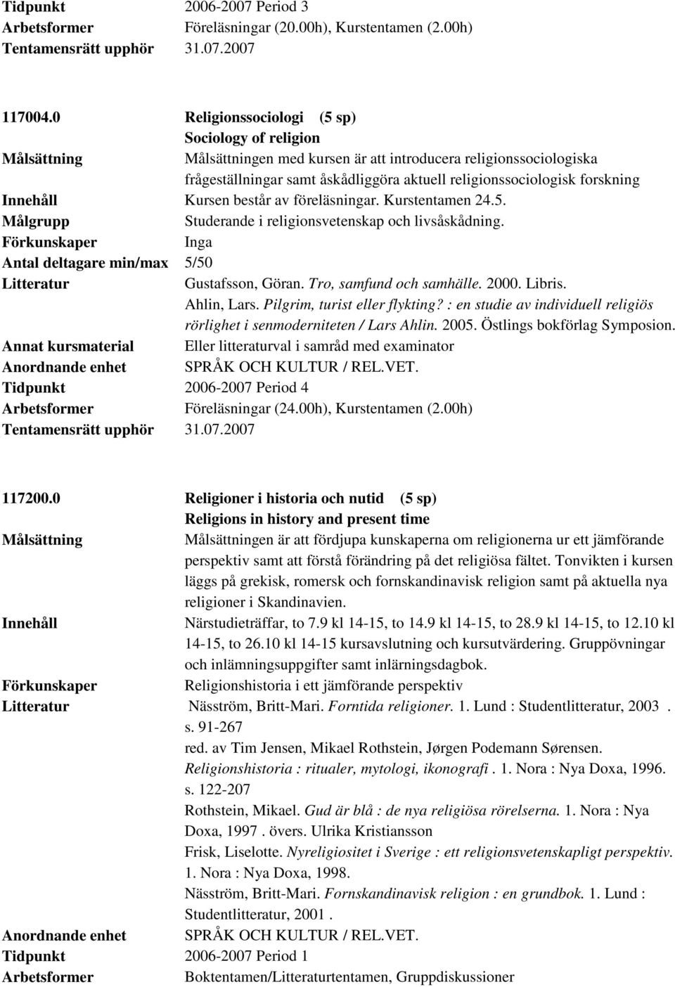 föreläsningar. Kurstentamen 24.5. Målgrupp Studerande i religionsvetenskap och livsåskådning. Inga Antal deltagare min/max 5/50 Gustafsson, Göran. Tro, samfund och samhälle. 2000. Libris. Ahlin, Lars.
