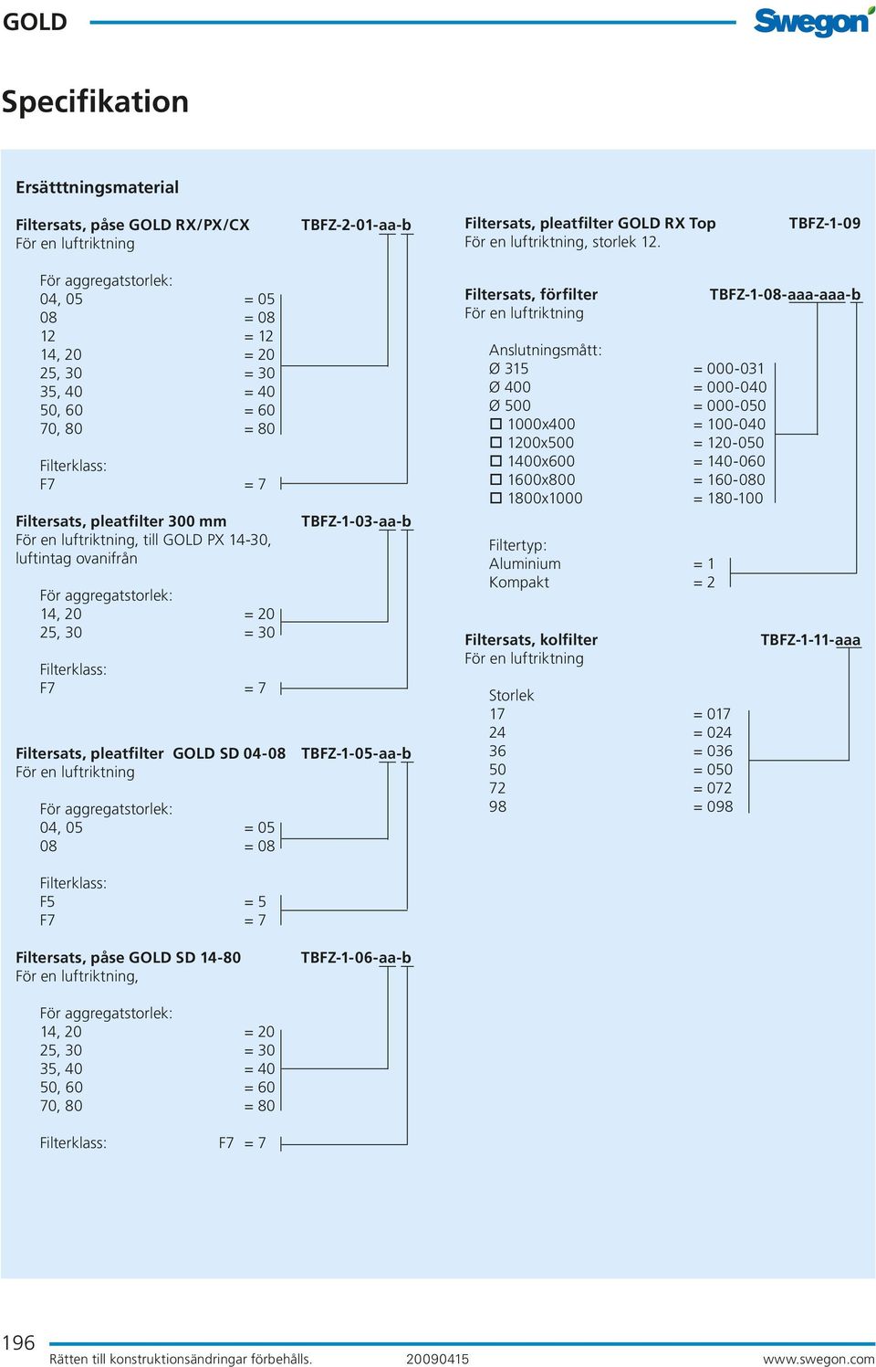 04-08 TBFZ-1-05-aa-b För en luftriktning 04, 05 = 05 Filtersats, förfilter För en luftriktning Anslutningsmått: Ø 400 = 000-040 Ø 500 = 000-050 1000x400 = 100-040 1200x500 = 120-050 1400x600 =