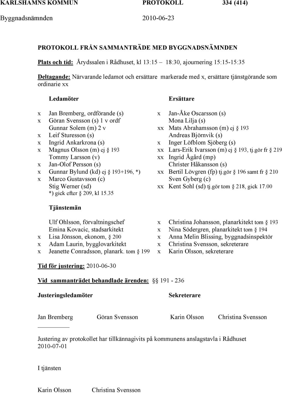 Solem (m) 2 v xx Mats Abrahamsson (m) ej 193 x Leif Sturesson (s) Andreas Björnvik (s) x Ingrid Ankarkrona (s) x Inger Löfblom Sjöberg (s) x Magnus Olsson (m) ej 193 xx Lars-Erik Ivarsson (m) ej 193,
